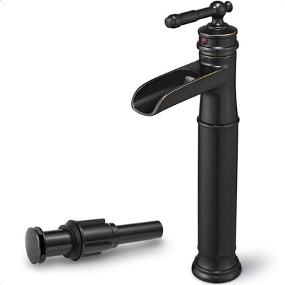 Brass Vessel Sink Faucet Oil Rubbed Bronze, Waterfall Tall Bathroom Faucet 1 Hole with Single Handle, Pop-Up Drain & Water Hose for Farmhouse Vanity Restroom Vessel Bowl Sink, 5 Mins Install - color: Oil Rubbed Bronze - Farmhouse