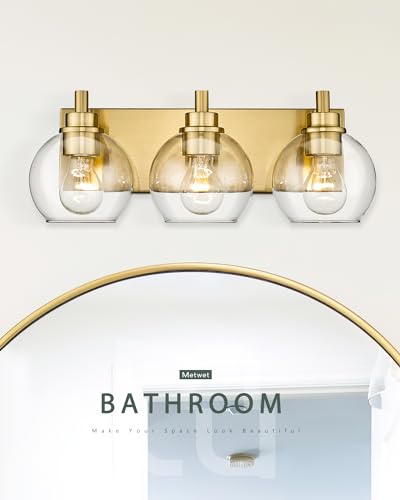 Bathroom Light Fixtures, 3-Light Brushed Gold Vanity Light, Modern Wall Sconces with Clear Glass Globe Shade, Bathroom Wall Lights for Mirror Kitchen Bedroom Hallway Living Room, VL195-GD-3 | 18" modern bathroom light fixtures over mirror, E26 base, bulbs