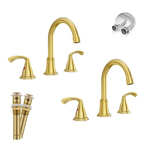 Phiestina 8 Inch 3 Hole 2 Handle Widespread Brushed Gold Bathroom Sink Faucet 2 Pack, Modern Bathroom Faucet with Metal Pop up Drain and Water Supply Lines,WFJC180-BG-2PACK - color: Brushed Gold-8 IN, style: 2 pack