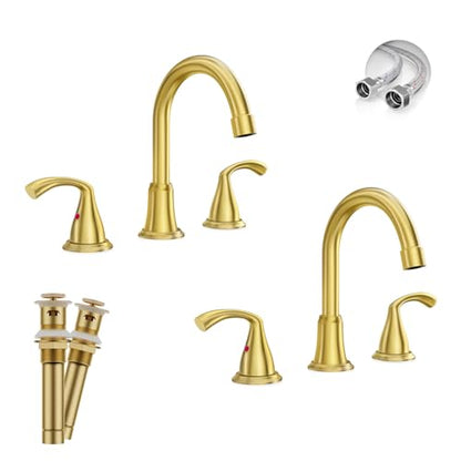 Phiestina 8 Inch 3 Hole 2 Handle Widespread Brushed Gold Bathroom Sink Faucet 2 Pack, Modern Bathroom Faucet with Metal Pop up Drain and Water Supply Lines,WFJC180-BG-2PACK - color: Brushed Gold-8 IN, style: 2 pack