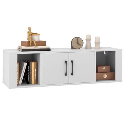 GIANTEX Wall Mounted Storage Cabinet 2 Cube Floating Media Hanging Desk W/2 Doors and 2 Open Shelves, Home Office Furniture for Kitchen, Bathroom, Living Room Floating Console Hutch (White) - color: White