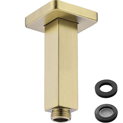 Gold Shower Arm with Flange, 4 Inch Square Extension Arm for Rainfall Shower Head, NPT 1/2 to G 1/2 Inch, Ceiling Mount, Brushed Gold - color: Brushed Gold, style: 4-Inch