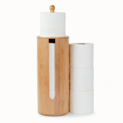 Gobam Bamboo Toilet Paper Storage with Dual-Use Lid, Freestanding Bathroom Tissue Organizer with Viewing Slot, Built-In Handle, Anti-Slip Base, Compact Toilet Paper Holder Stand for up to 3 Mega Rolls - size: 3 Roll - Round