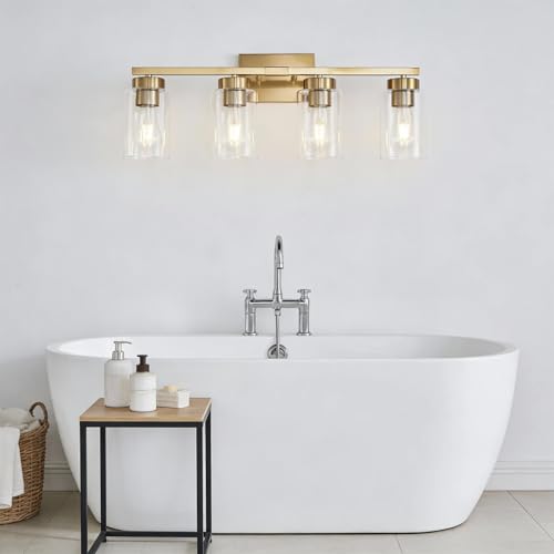 4-Light Bathroom Light Fixtures, Gold Modern Vanity Lights Over Mirror, Bathroom Wall Sconces with Clear Glass Shade for Living Room Bedroom Hallway Cabinet Porch - color: Gold