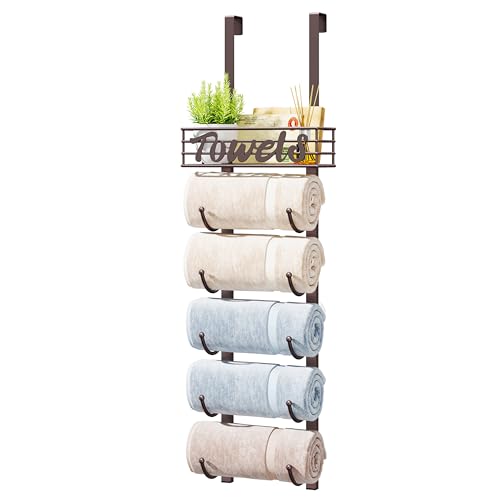 HapiRm Towel Racks for Bathroom Storage - 6 Tier Over The Door & Wall Mount Rolled Towel Storage Organizer Holder with Metal Shelf Basket for Small Bathroom, Camper, Rv - Bronze, Patented - color: Bronze, size: 6-Tier