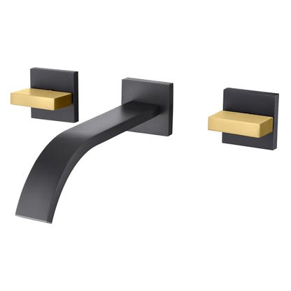 SUMERAIN Wall Mounted Faucet for Bathroom Sink Black and Gold Finish, Lavatory Basin Faucet with Two Handles and Rough in Valve - color: Black and Gold