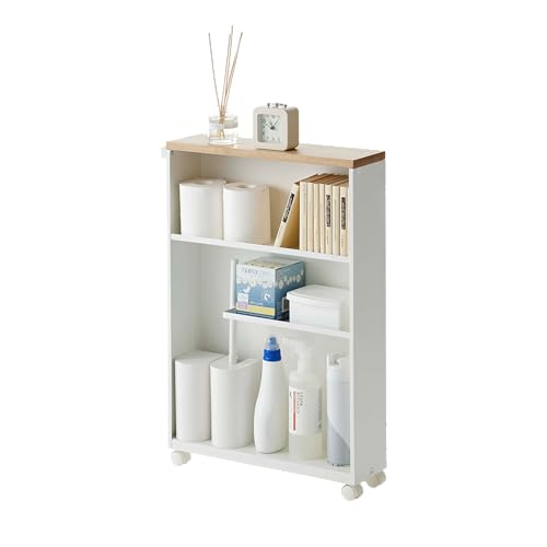 Yamazaki Home Slim Rolling Storage Cart – Narrow Bathroom Storage Cabinet With Handle, Slim Bathroom Storage Cart With Wheels, Easy Assembly, Steel + Wood, White, 27" - Steel - - color: White