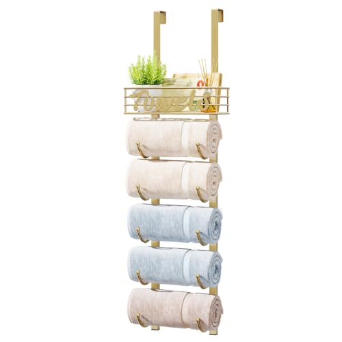 HapiRm Towel Racks for Bathroom Storage - 6 Tier Over The Door & Wall Mount Rolled Towel Storage Organizer Holder with Metal Shelf Basket for Small Bathroom, Camper, Rv - Gold, Patented - color: Gold, size: 6-Tier