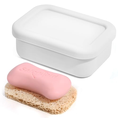 HighHerz Leak Proof Silicone Travel Soap Case with Draining Tray - Bar Soap Holder for Travel, Gym & Camping - Mess-Free Portable Soap Container for Carry-on Bags (White) - color: White
