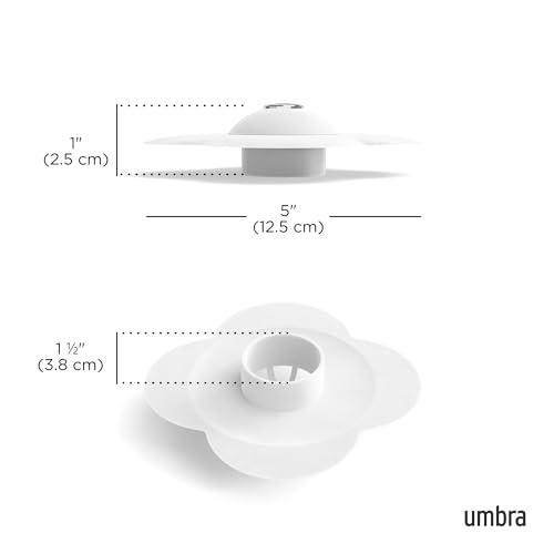 Umbra Bloom Drain Stop, Bathtub Drain Hair Catcher, 3-Inch, White | Silicone material, flexible and durable, fits standard drains, wipe or rinse clean, rust resistant - color: White