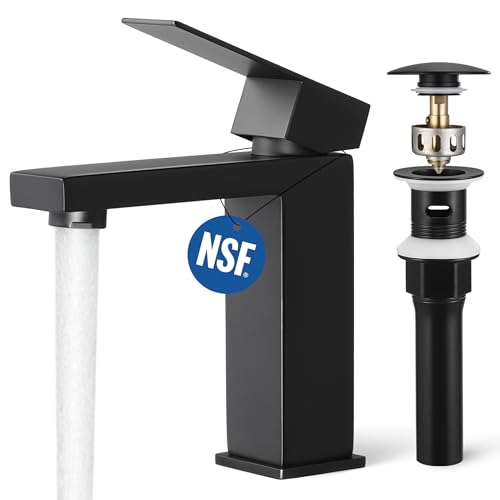 KES Black Bathroom Faucet Single Handle & Bathroom Sink Drain with Overflow, cUPC Certified Vanity Faucet with Pop Up Drain Stopper Stainless Steel Matte Black, L3156ALFF12-BK-C2 - color: Black, style: w/ Drain (WITH Overflow) - Short Faucet