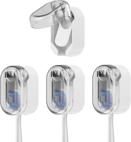 Wall Mounted Toothbrush Holder 4 Pack, with Cover for Bathroom | Automatic Opening & Closing, Dustproof & Waterproof, Self Adhesive, No Drilling, ABS Material, for Family Toothbrush Storage - size: 4-Pack