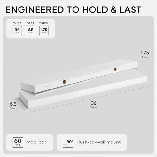 White Floating Shelves 36 inch, High End Solid Real Wood 36inch Floating Shelf for Wall Mounted, White Wooden 36in Long Floating Shelves, Heavy Duty Bracket, 36 X 6.5 X 1.75 inches, Set of 2 - color: Classic White - Soft Neutral Satin, size: 36 inch