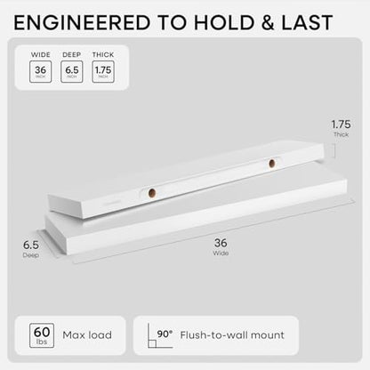White Floating Shelves 36 inch, High End Solid Real Wood 36inch Floating Shelf for Wall Mounted, White Wooden 36in Long Floating Shelves, Heavy Duty Bracket, 36 X 6.5 X 1.75 inches, Set of 2 - color: Classic White - Soft Neutral Satin, size: 36 inch