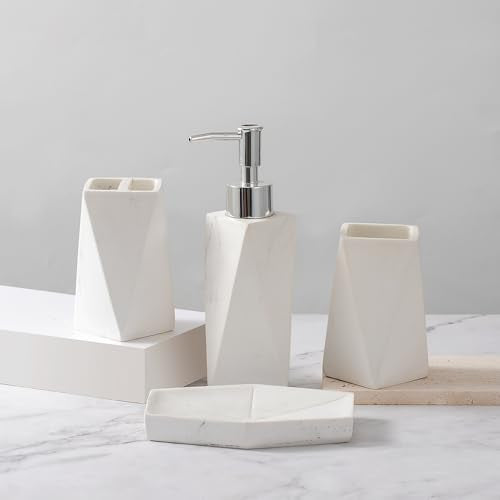 Bathroom Accessory Sets，4 Piece Bathroom Organizer Countertop with Toothbrush Cup,Soap Dispenser,Soap Dish,Tumbler，Imitated Resin Kits Retro Minimalist Style (Prismatic Marble)