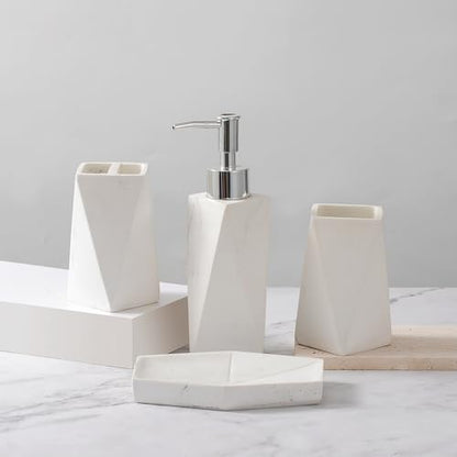 Bathroom Accessory Sets，4 Piece Bathroom Organizer Countertop with Toothbrush Cup,Soap Dispenser,Soap Dish,Tumbler，Imitated Resin Kits Retro Minimalist Style (Prismatic Marble)