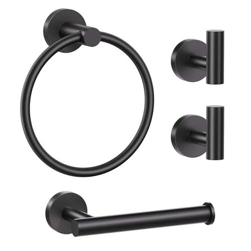 Lairuier Bathroom Hardware Set, 4-Piece Towel Bar Set Include Toilet Paper Holder,Towel Ring and 2 Towel Hooks Stainless Steel Wall Mounted Bathroom Hardware Accessories Set (Matte Black) - color: Matte Black, size: Set A