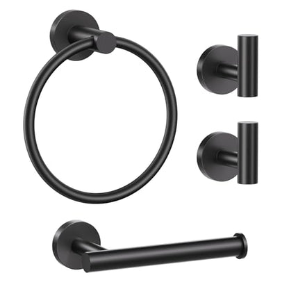 Lairuier Bathroom Hardware Set, 4-Piece Towel Bar Set Include Toilet Paper Holder,Towel Ring and 2 Towel Hooks Stainless Steel Wall Mounted Bathroom Hardware Accessories Set (Matte Black) - color: Matte Black, size: Set A