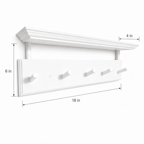Matías Coat Rack Wall Mount with Shelf, 18 Inch Solid Wood Peg Rail, Wall Mounted Coat Rack with 5 Hooks, Wall Mount Shelf for Entryway, Bathroom or Bedroom (White) - color: White