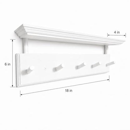 Matías Coat Rack Wall Mount with Shelf, 18 Inch Solid Wood Peg Rail, Wall Mounted Coat Rack with 5 Hooks, Wall Mount Shelf for Entryway, Bathroom or Bedroom (White) - color: White