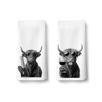 Funny Highland Cow Wine Kitchen Dish Towels Set of 2-Gifts for Wine and Cow Lovers, Western Highland Heifer Hand Tea Towels for Home Bar Kitchen, 16x24 Inches-042 - color: Wcolor 007