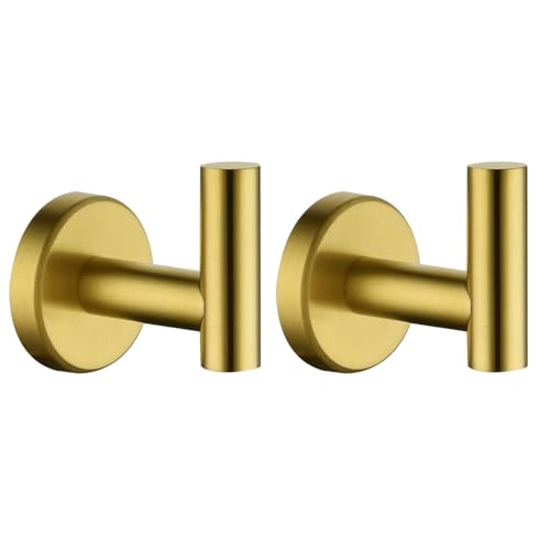 JQK Bathroom Towel Hook Brushed Gold, Brass Coat Robe Clothes Hook for Bathroom Kitchen Garage Wall Mounted (Pack of 2), SUS 304 Stainless Steel 0.8mm, TH100-BG-P2 - color: Gold, size: 2 Pack