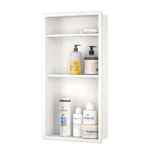 Stainless Steel Shower Niche 24" X 12" White No Tile Needed Vertical Niche Shower with Three-Tier Shelves Recessed Wall Niches for Bathroom Storage Over Mount Installation - color: White, size: 24"