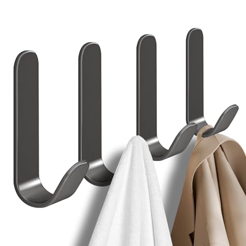 4 Pcs Adhesive Towel Hooks for Shower, Bathroom, Kitchen, Robe, Towel, Coat，Shower Hooks，Wall Hook Stick On Bathroom（Steel,Dark Gray）