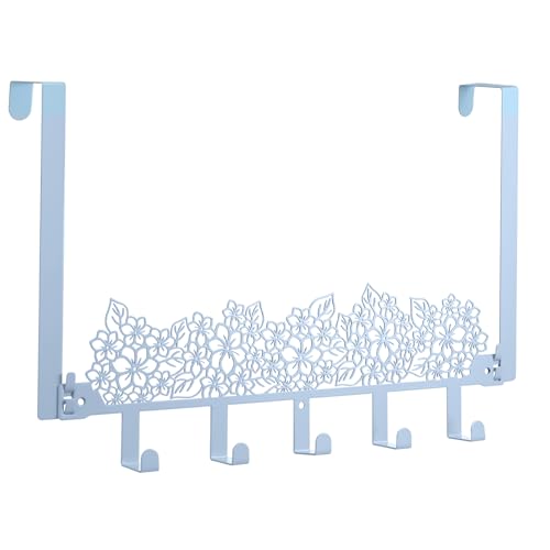 AceOrbit Blue Hydrangea Over The Door Hooks Wall Mount Towel Hanger Cute Door Holder Rack with 5 Hooks Hanging Towel, Coat Keys, Bags, Hats, Clothes for Bedroom Bathroom Kitchen Dorm Room Organizer - color: Blue, style: Hydrangea