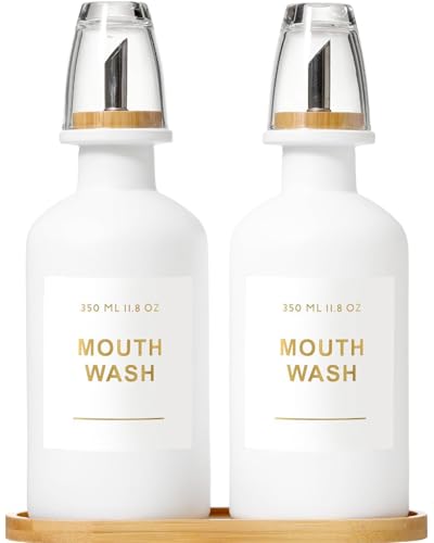 11.8OZ Mouthwash Dispenser, Set of 2, White | Bamboo & Stainless Steel Pour Spout, Mouthwash Cups Reusable, Bamboo Tray, Elegant Gold Label - color: White/350*2