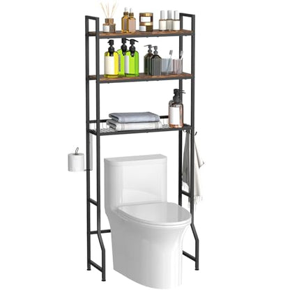 Over the Toilet Storage Cabinet Bathroom Storage Above Toilet | Over the Toilet Shelf, with Paper Holder and 4 Hooks, with Metal Frame, Space-Saving, Large Capacity Storage, Brown - color: Brown