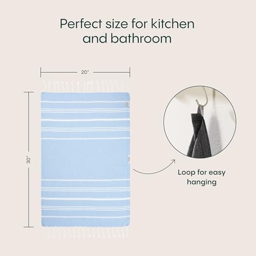 WETCAT Turkish Hand Towels with Hanging Loop, Set of 2 (20" x 30") 100% Turkish Cotton, Pre-Washed, Quick Drying, for Kitchen or Bathroom - Light Blue - color: Light Blue