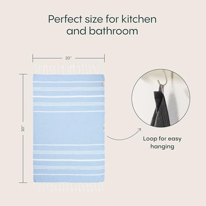 WETCAT Turkish Hand Towels with Hanging Loop, Set of 2 (20" x 30") 100% Turkish Cotton, Pre-Washed, Quick Drying, for Kitchen or Bathroom - Light Blue - color: Light Blue