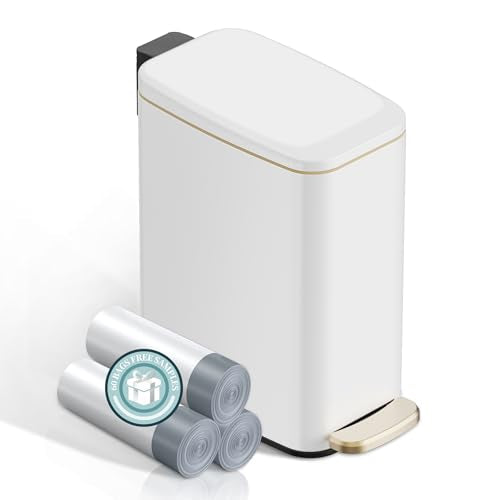 KSSKSS 1.6 Gallon/6L Small Bathroom Steel Step Trash Can, Soft-Close Lid & Fingerprint-Proof, Slim Wastebasket for Narrow Spaces (White) - color: White