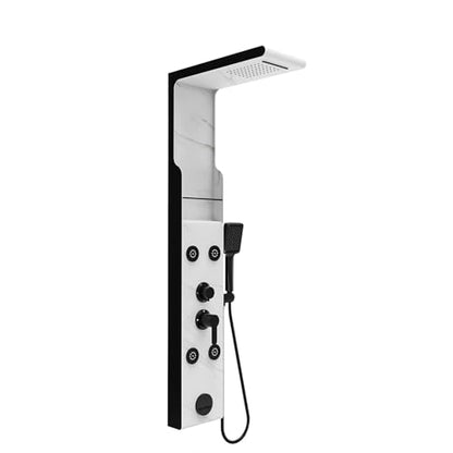 ELLO&ALLO Shower Panel Tower System with Shelf, Rainfall Shower Head and Rain Massage System with Body Jets, Stainless Steel Bathroom Fixtures, Marble&Black