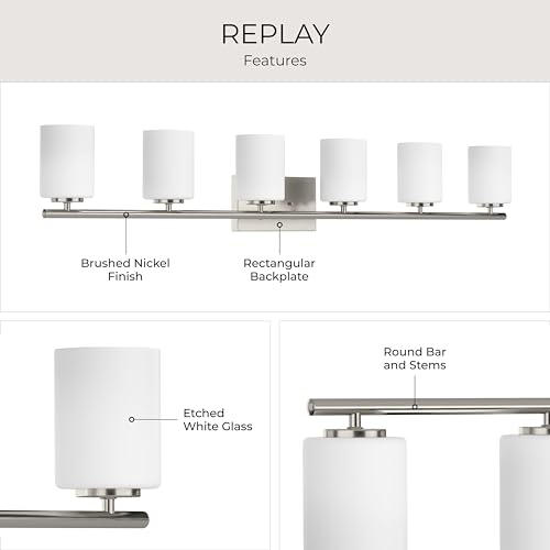 Progress Lighting Replay Collection 48 in. 6-Light Brushed Nickel Etched White Glass Modern Bath Vanity Light - color: Brushed Nickel, size: 6-Light