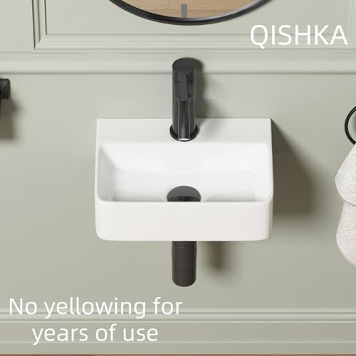 Wall Hung Bathroom Vessel Sink, QISHKA 14.5" X 10" Rectangular Floating Ceramic Wash Hand Basin White Wall Mount Vanity Sink for Small Bathroom and Small Cloakroom - size: 14.5" x 10" x 4.3"