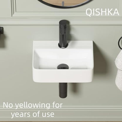 Wall Hung Bathroom Vessel Sink, QISHKA 14.5" X 10" Rectangular Floating Ceramic Wash Hand Basin White Wall Mount Vanity Sink for Small Bathroom and Small Cloakroom - size: 14.5" x 10" x 4.3"