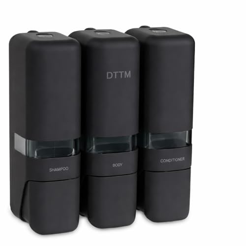 Shower Shampoo Dispenser 3 Chamber No Drill Wall Mounted Matte Black | No-drill stick-on install | Lockable pump | Refillable 250ml x 3 | Soap body wash conditioner | Bathroom hotel