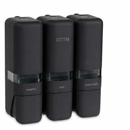 Shower Shampoo Dispenser 3 Chamber No Drill Wall Mounted Matte Black | No-drill stick-on install | Lockable pump | Refillable 250ml x 3 | Soap body wash conditioner | Bathroom hotel