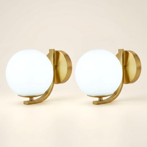 Mid Century Gold Wall Sconces Set of 2 with Milky Glass Globe Shade | Modern Art Deco, Wall Mounted Light Fixture, Vanity Wall Light, For Bedroom, Living Room, Hallway, Stairway - color: Gold, size: 2 Pes