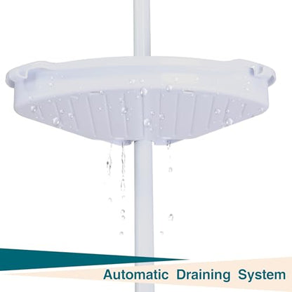 Corner Shower Caddy Tension Pole, 101.6''-122'', 4 Tier Shower Shelf, Rust Proof No Drilling Bathroom Organizer with Adjustable Trays, Plastic Bathtub Shelves Shamboo Holder, White