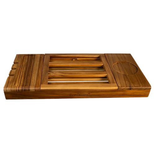 EcoDecors Expandable Teak Bathtub Tray Caddy – Adjustable Wooden Bath Tub Tray with Wine Glass Holder, Book & Tablet Stand, Spa Bath Caddy Organizer, Waterproof Solid Teak Bath Shelf