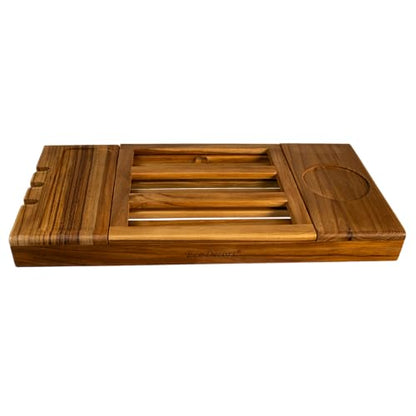 EcoDecors Expandable Teak Bathtub Tray Caddy – Adjustable Wooden Bath Tub Tray with Wine Glass Holder, Book & Tablet Stand, Spa Bath Caddy Organizer, Waterproof Solid Teak Bath Shelf