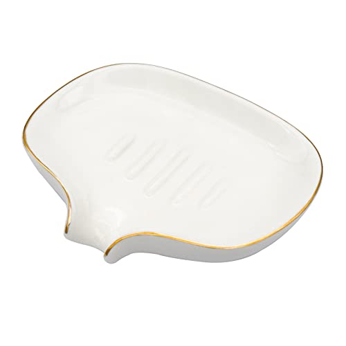 White Soap Dish Ceramic Self Draining Soap Dish Waterfall Slot Gold Edge Bathroom Accessories for Bathroom, Kitchen,Bar Counter - color: White