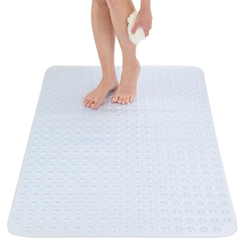 ENKOSI Extra Large Shower Mat Non Slip - 47 x 32 inch - XL Bathroom Shower Mat - Large Shower Matts for Shower Stall Floors - Secure Suction Cups and Drain Holes (47x32 Clear) - color: Clear, size: 47" x 32" (Rectangular)