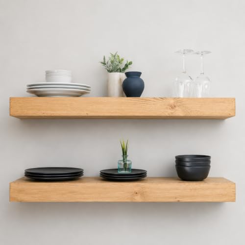 Urbandi Modern Floating Shelves 3 Inches Thick for Wall, Wide Shelves for Kitchen, Living Room, Bedroom, and Bathroom, Natural Pine Wood, Rustic Wooden Shelf, (Set of 2) (Aged Oak, 24Lx3Hx8D) - color: Aged Oak, size: 24Lx3Hx8D