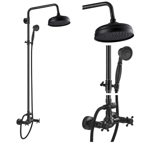 gotonovo Exposed Shower System Wall Mount,Oil Rubbed Bronze,Metal Handheld | 8” Rain Shower Head Faucet Set Fixtures,2 Function,Two Cross Handle,Height Adjustable,for 5-6.7" Hole,Indoor Victorian Retro - color: Bronze