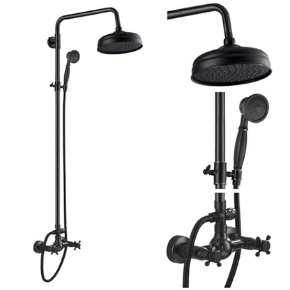 gotonovo Exposed Shower System Wall Mount,Oil Rubbed Bronze,Metal Handheld | 8” Rain Shower Head Faucet Set Fixtures,2 Function,Two Cross Handle,Height Adjustable,for 5-6.7" Hole,Indoor Victorian Retro - color: Bronze