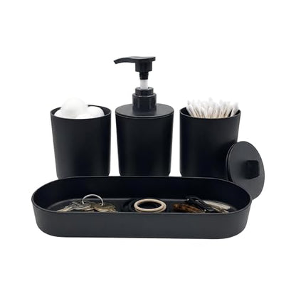 LGURT Matte Black Bath Accessories — 4-Pc Dispenser, Tumbler, Cup & Tray | Plastic, Lotion 10oz / 300ml, Vanity Tray (7.87"×2.56"), Compact for Dorm & Rentals. - color: Model 1-matte Black